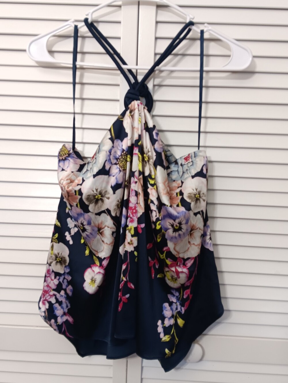White House Black Market Floral Halter Blouse in Blue & Pink Size Large